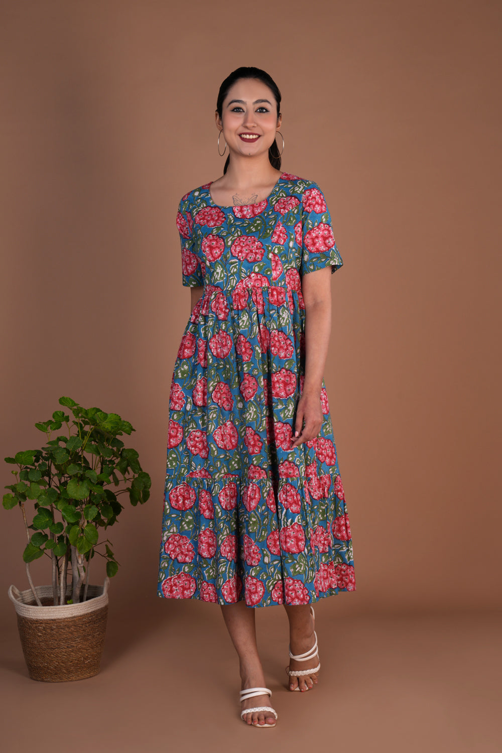 Image of Floral hand block printed cotton dress